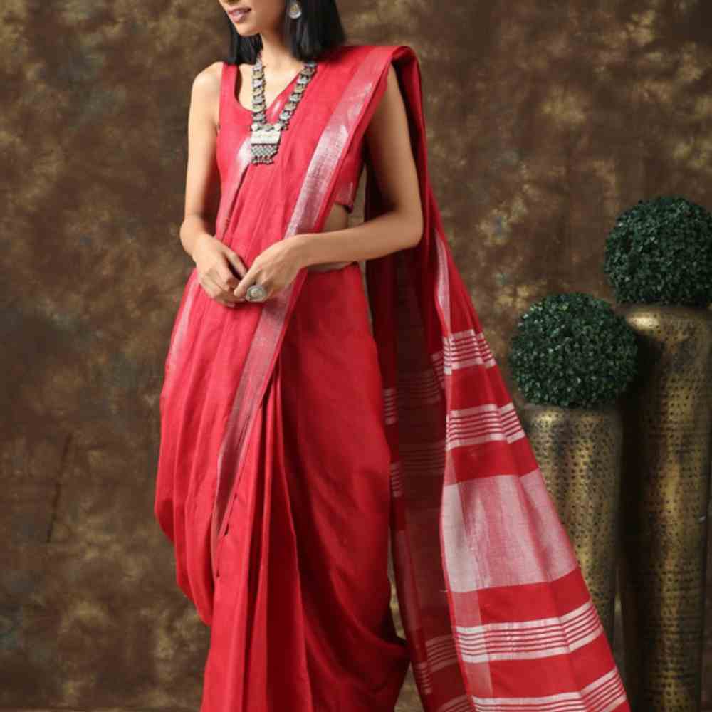 Pure Handloom Linen Red Saree